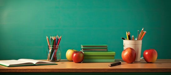 Table with school stationary as copy space image