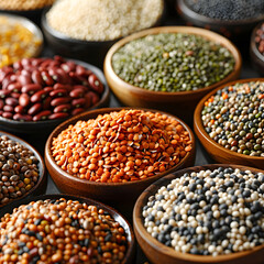 Fototapeta premium Closeup view of various whole grains and nuts neatly arranged in wooden bowls, showcasing texture and natural colors