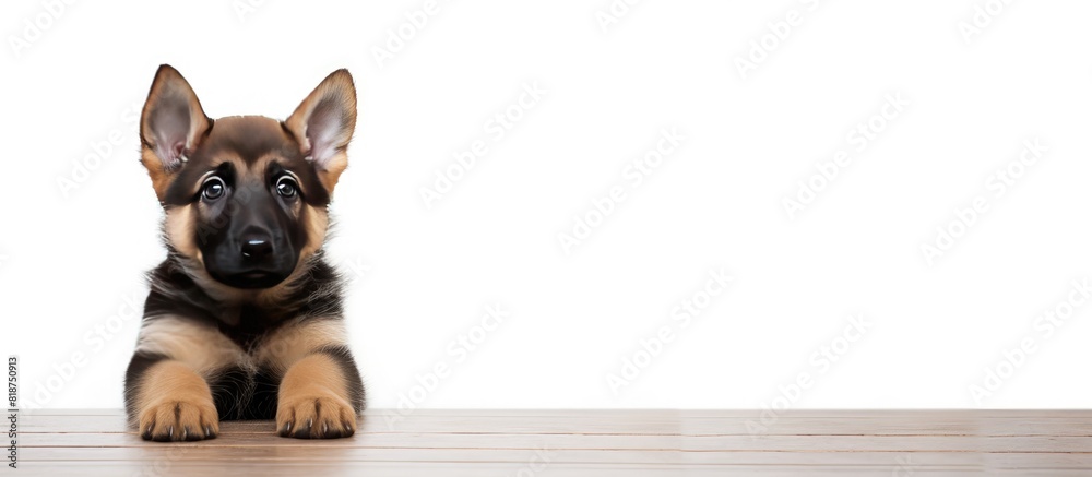Poster a 3 month old german shepherd puppy stands in front of a white background in this copy space image