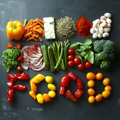 Assorted fresh vegetables and spices arranged to spell the word food on a dark rustic background,...