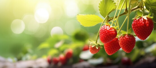 Image of strawberry fruits growing in a garden with ample copy space