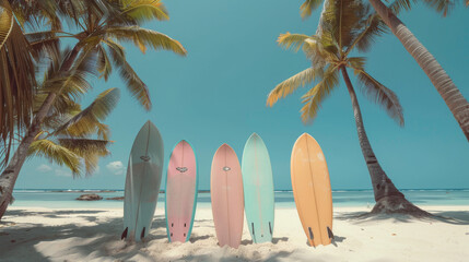 A group of surfboards are lined up on a beach. The surfboards are of different colors and sizes. The scene is set against a backdrop of palm trees and a blue sky. Scene is relaxed and carefree