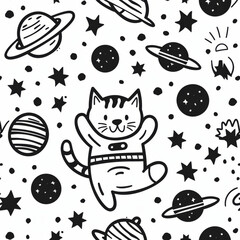 A black and white drawing of a cat in a space suit with a background of planets and stars