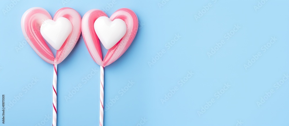 Sticker High quality photo of white and blue heart shaped candy canes on a pink background with ample copy space