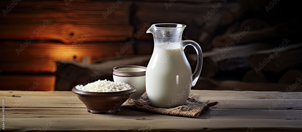 Poster a copy space image of a jug filled with milk placed on a rustic wooden table
