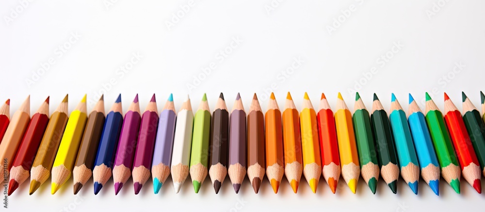 Poster A close up image of colorful pencils neatly arranged on a white background providing ample copy space for text