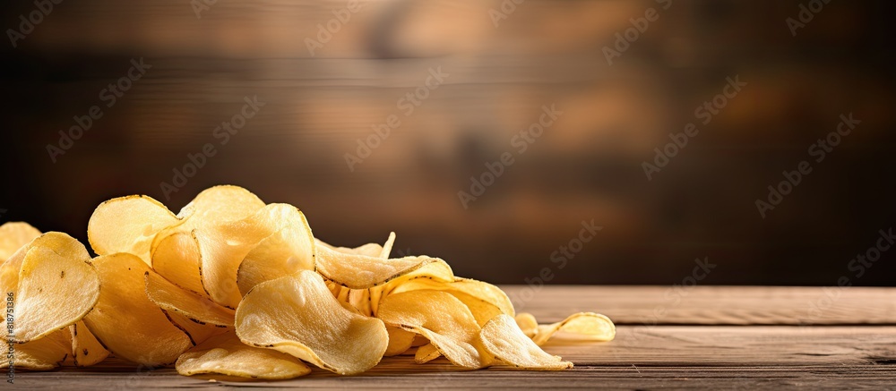 Poster copy space image of potato chips placed on a rustic wooden background