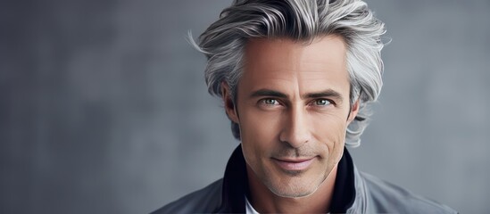 Confident man with stylish hair posing in a portrait against a light grey background Copy space image for text