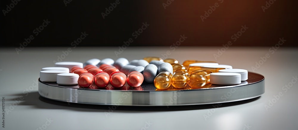 Aufkleber Closeup of a weekly pill box with medication placed on a grey table providing a copy space image for text