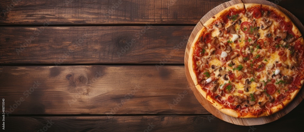 Poster toned image of a delicious homemade pizza on a rustic wooden table with plenty of copy space