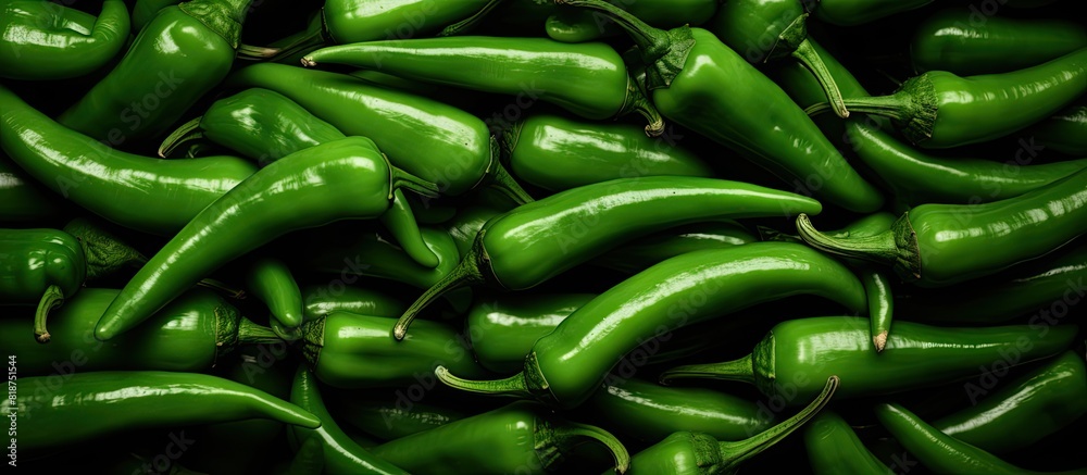 Poster a close up picture of vibrant green chili peppers with space for text or graphics. creative banner. 