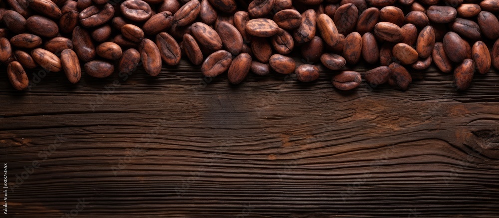 Aufkleber A top down view of cocoa beans placed on a dark wooden background creating a visually appealing copy space image
