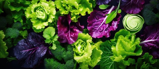 A colorful arrangement of various green leaves and violet lettuce creating a vibrant mix for a salad with copy space for an image