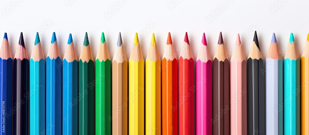 Poster a vibrant arrangement of colorful pencils and crayons on a pristine white background creating a capt