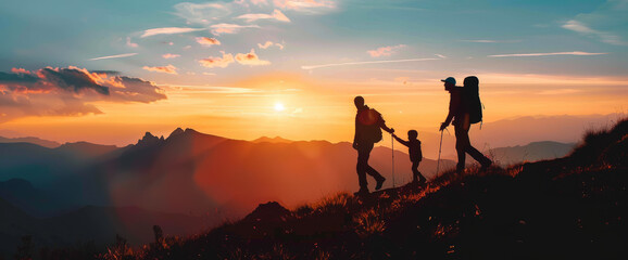 A family of three is hiking up a mountain trail. The father is carrying a backpack and the two children are walking behind him. The sun is setting in the background, casting a warm glow over the scene