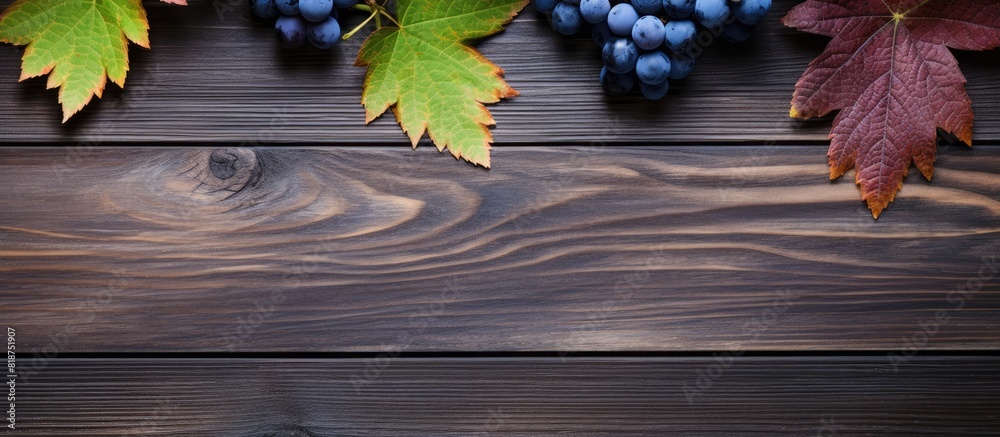 Aufkleber a top down view of blue grapes and vibrant grape leaves on weathered wooden table creating a captiva