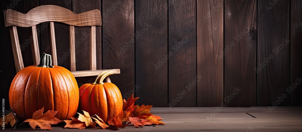 Aufkleber a copy space image of a pumpkin adorned with maple leaves on a wooden chair representing the concept