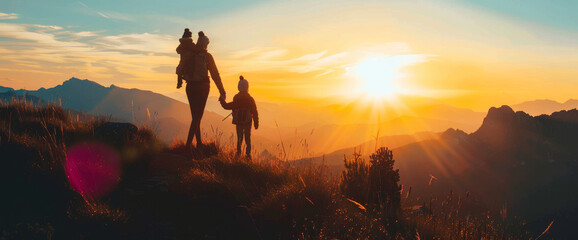 A family of three is walking on a mountain top at sunset. The father is holding the child's hand while the mother is holding the child's other hand. The sun is setting behind them - Powered by Adobe