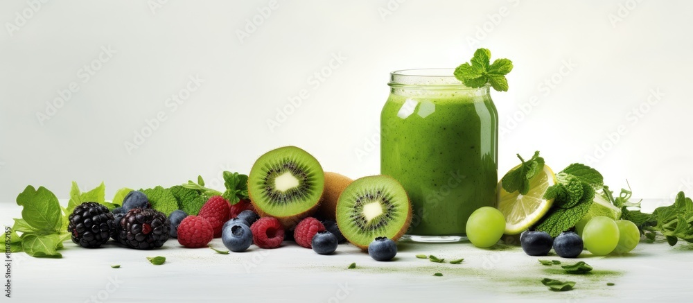 Aufkleber On a white background there is a copy space image featuring a green smoothie and its various ingredients