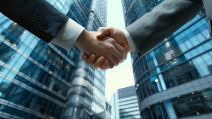 Two businessmen in suits shaking hands with an agreement, with a backdrop of towering corporate buildings under a clear sky