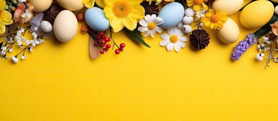 Easter themed yellow backdrop featuring chocolate eggs assorted candies and vibrant spring blooms set against a copy space image