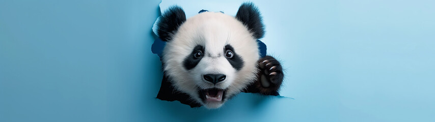 Fototapeta premium Adorable panda cub peeking through a torn blue paper. Copy space. Generative AI 