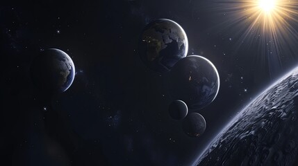 Naklejka premium 3D rendering, three planets orbiting the sun in space with earth as foreground, with dark background