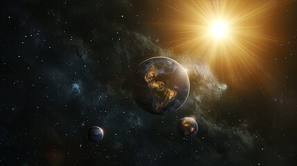 Obraz premium 3D rendering, three planets orbiting the sun in space with earth as foreground, with dark background