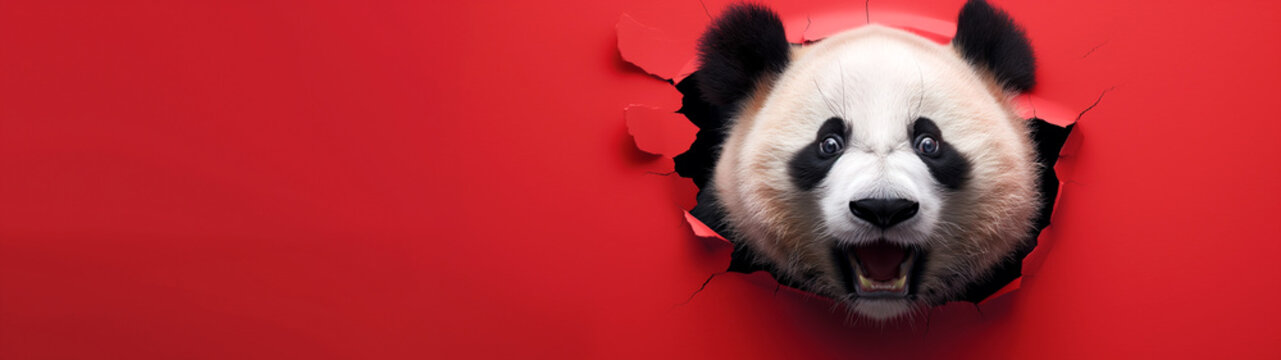 Baby panda breaking through a red background. Copy space.	