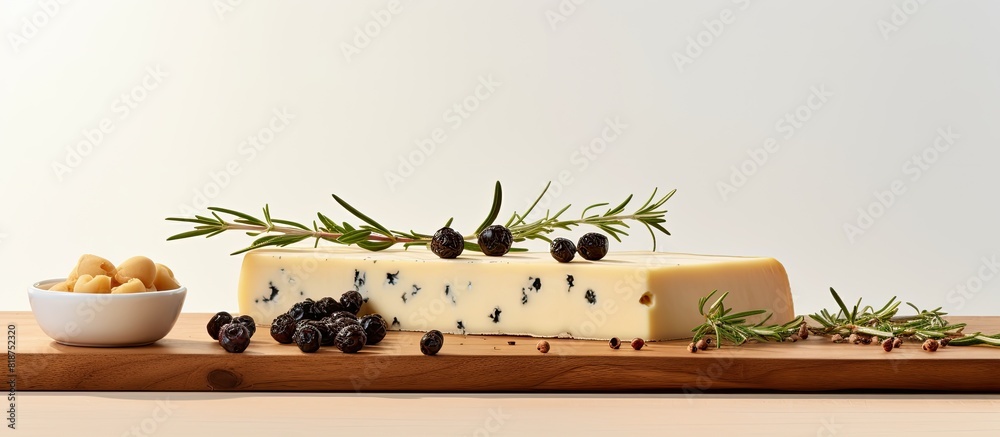 Poster a horizontal image showcasing a plank with soy cheese garlic and peppercorns on a light background a