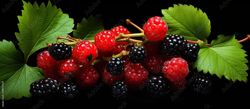 Poster copy space image of raspberries and red currant with green leaves set on a black background compleme