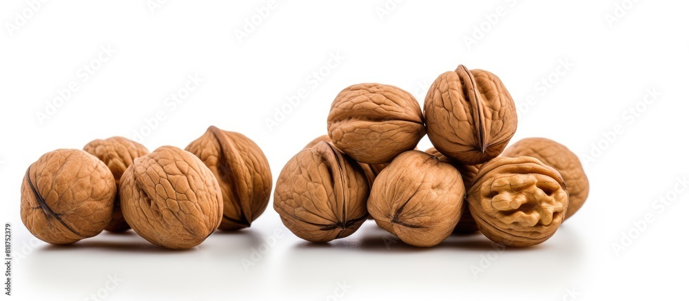 Poster Top view of walnuts in a bowl isolated on a white background with copy space for text
