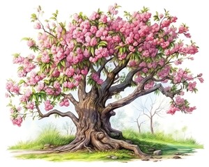 Blooming tree with pink flowers, isolated on white background, vivid colors, ample copy space, ideal for springthemed advertisements and romantic settings
