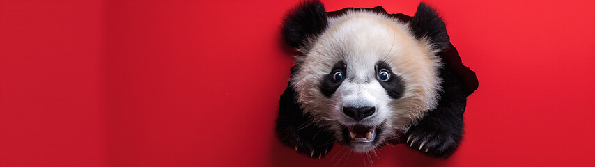Fototapeta premium Baby panda breaking through a red background. Copy space. Generative AI 