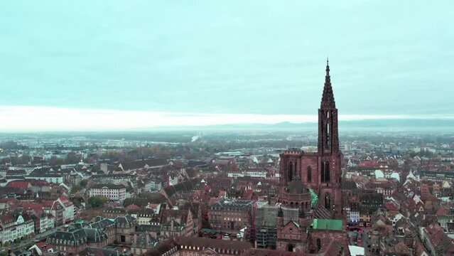 Drone footage of the Cathedral of Our Lady of Strasbourg in Strasbourg, Alsace, France