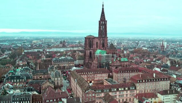 Drone footage of the Cathedral of Our Lady of Strasbourg in Strasbourg, Alsace, France