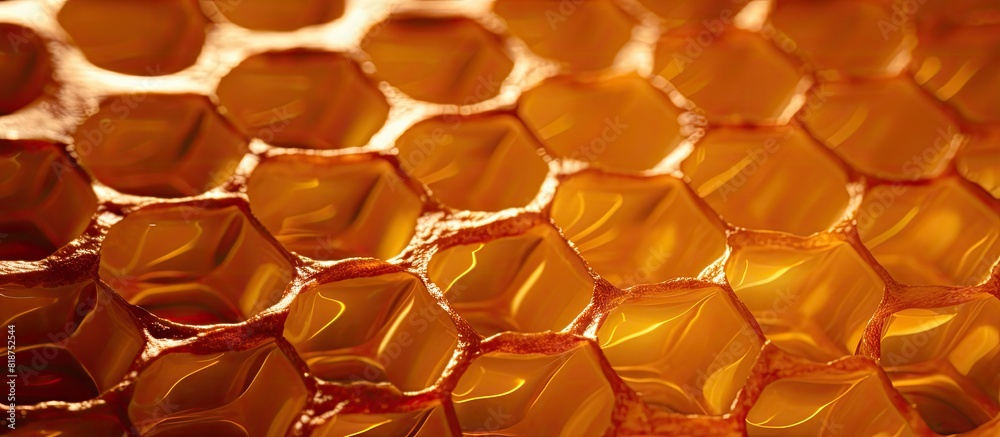 Poster Close up of honeycombs filled with delicious golden honey creating a captivating background texture and pattern in this copy space image