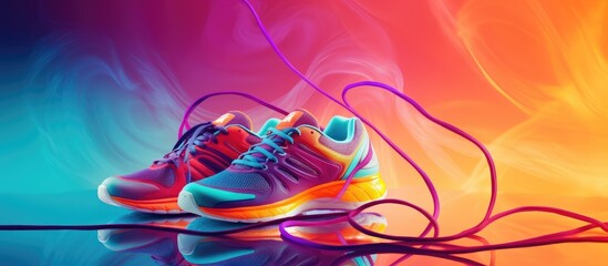 Colorful background with sportive shoes and a jumping rope ideal for copy space images