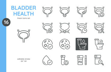 Bladder Health Icon Set. Linear Icons of Bladder Conditions, Diagnostics, and Treatment. Includes Symptoms, Infections, Cancer, and Urinary Health. Editable Vector Sign Collection.