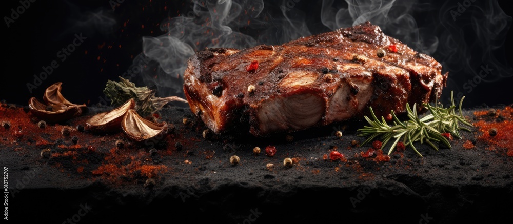 Poster textured stone background with a space for your text showcasing flavorful marinated pork ribs season