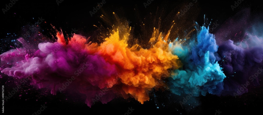 Poster A colorful powder explosion captured in a freeze frame on a black background forming an abstract and splattered copy space image