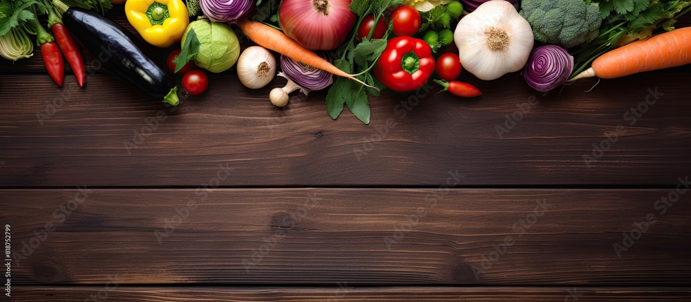 Poster top view of fresh vegetables from farmers with a wooden background providing ample space for display