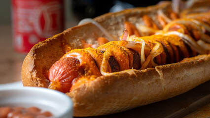 Closeup of a hot dog with pure beef sausage with onions on a wooden board.