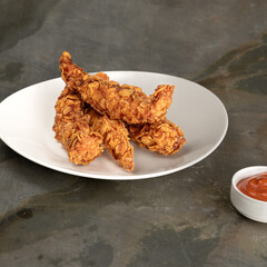 Chicken sticks with cocktail or chili sauce served in a fast food restaurant on a white plate.