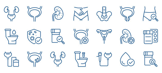 Urinary Tract Icon Set. Linear Icons Representing Urinary System, Symptoms, Diagnostics, and Treatment. Includes Bladder, Kidneys, Urinalysis, and Medical Devices. Editable Vector Sign Collection.