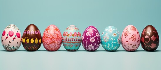 Easter themed image of colorfully decorated chocolate eggs set against a pastel background with space for additional content