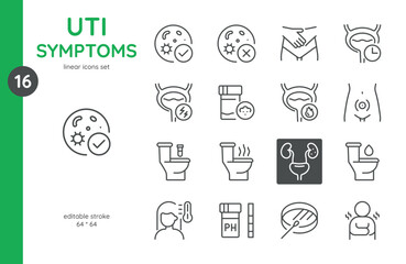 UTI Symptoms Icon Set. Linear Icons Depicting Various Symptoms of Urinary Tract Infections. Includes Painful Urination, Frequent Urination, Abdominal Pain, Cloudy Urine, and Fever. Editable Vector Sig
