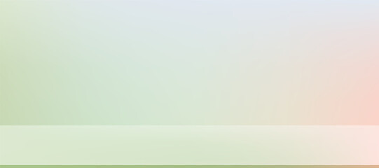 Obraz premium Background Green and Beige Wall Studio with Shadow,Light on floor,Spring Backdrop Empty Room with Podium Display and Top Shelf Bar for Product,Minimal Template Banner for Summer collection