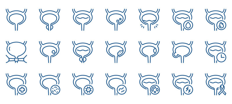 Urinary Bladder Conditions Icon Set. Linear Icons of Various Bladder Conditions and Symptoms. Includes Inflammation, Stones, Tumors, and More. Editable Vector Sign Collection.