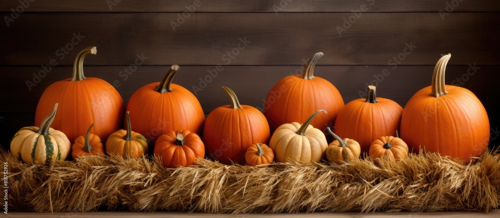 Poster A copy space image of fall pumpkins neatly arranged in a rustic straw basket